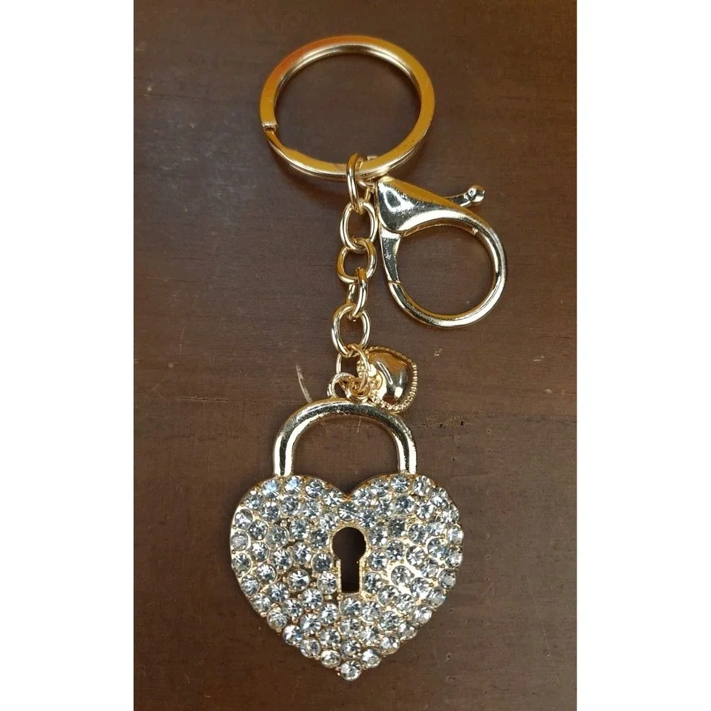 Heart Rhinestone Keychain Bag Purse Charm Bling Keyring Gold‎ Tone New